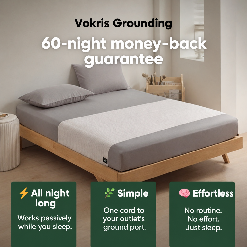 Vokris grounding sheet on a bed, 60-night money-back guarantee