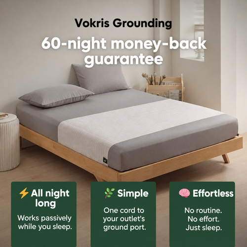 Vokris grounding sheet on a bed, 60-night money-back guarantee